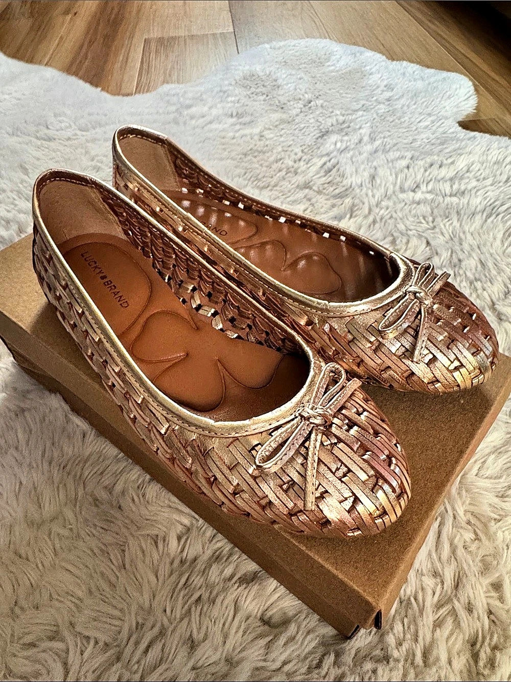 Lucky Woven Bow Ballet Flats in Gold